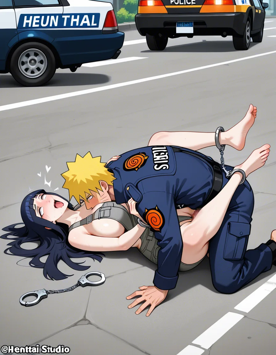 Naruto Uzumaki, police_uniform @hyuuga_hinata, long_hair, prison overalls, open_clothes, handcuffs, ahegao, missionary, police car, road, hentai_studio_quality