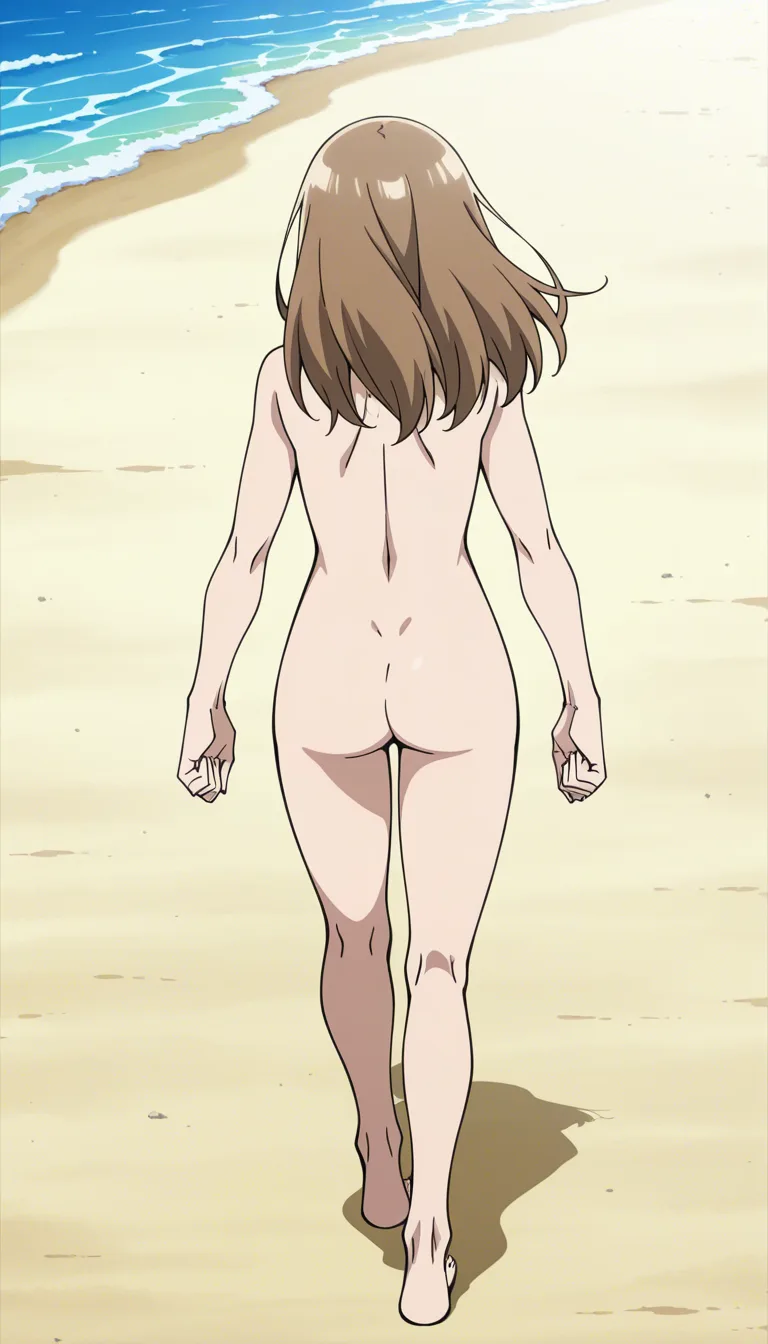 a naked brunette walking down a beach