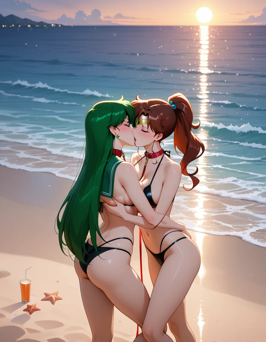 masterpiece , highly detailed , sailor_jupiter , sailor_mars , black_bikini , leash , yuri , french_kiss , groping , beach , hentai_studio_quality,, hentai_studio_quality