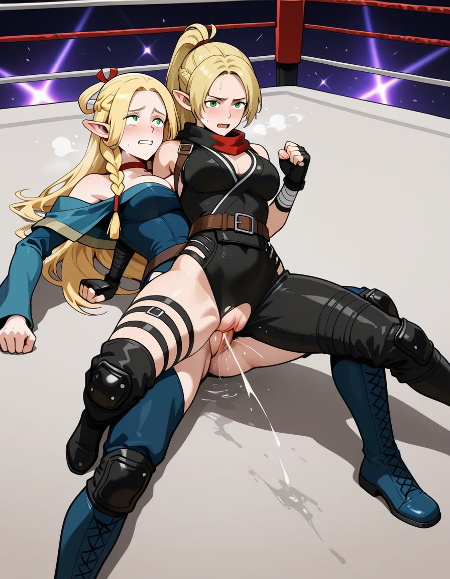 2girls , @marcille_donato , rachel_(ninja_gaiden) blonde_hair , wrestling , wrestling_ring , strapon , orgasm , pussy_juice , defeated , yuri, hentai_studio_quality