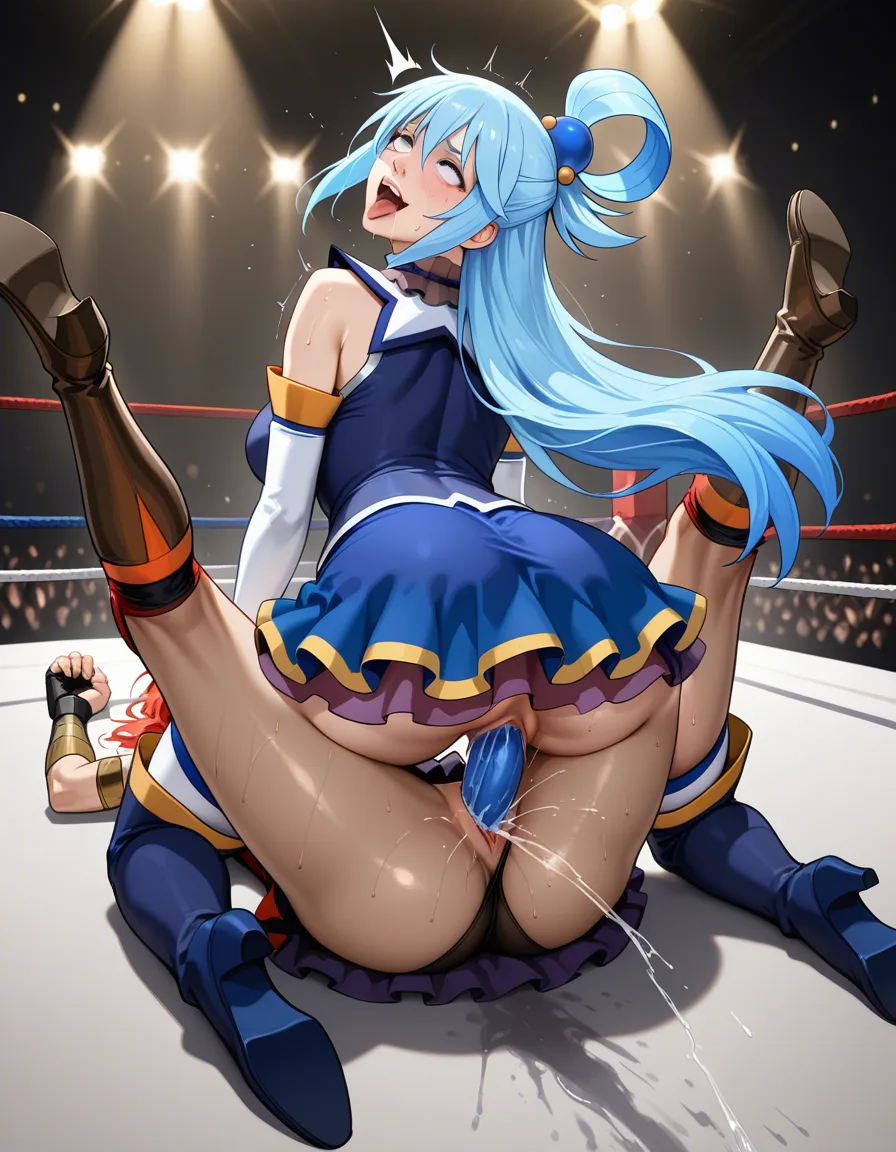 2girls , @aqua_(konosuba) , Aphrodite_(hades) , orgasm , wrestling, strapon , vaginal_object_insertion , catfight , squirting , ahegao , defeated, sweat , #realistic, hentai_studio_quality