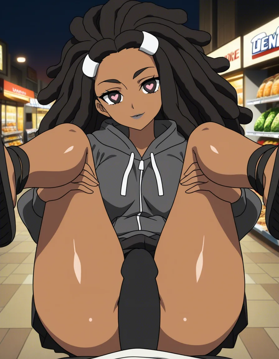 masterpiece, best quality, dark dark-skinned_female, grey lipstick, medium height, sandals, short skirt, skirt_lift ,puffy_sleeves, hoodie, long legs, full_body, feet, shiny_skin, round ass, ass_visible_through_thighs, curly_hair, long_hair, dreadlocks, hair_ornament , black hair, heart-shaped_pupils, teasing viewer, feet_lift, leg_lift, cock in face, pov, outdoors, grocery store, evening time, dim lighting, hentai_studio_quality, selfie, hentai_studio_quality, (anime style:1.3), 2d, anime screencap, cel shading, flat color, @00osamio00, (anime style:1.3), 2d, anime screencap, cel shading, flat color, @00osamio00, score_9, score_8, 3d render, octane render, subsurface scattering, ray tracing, smooth shading