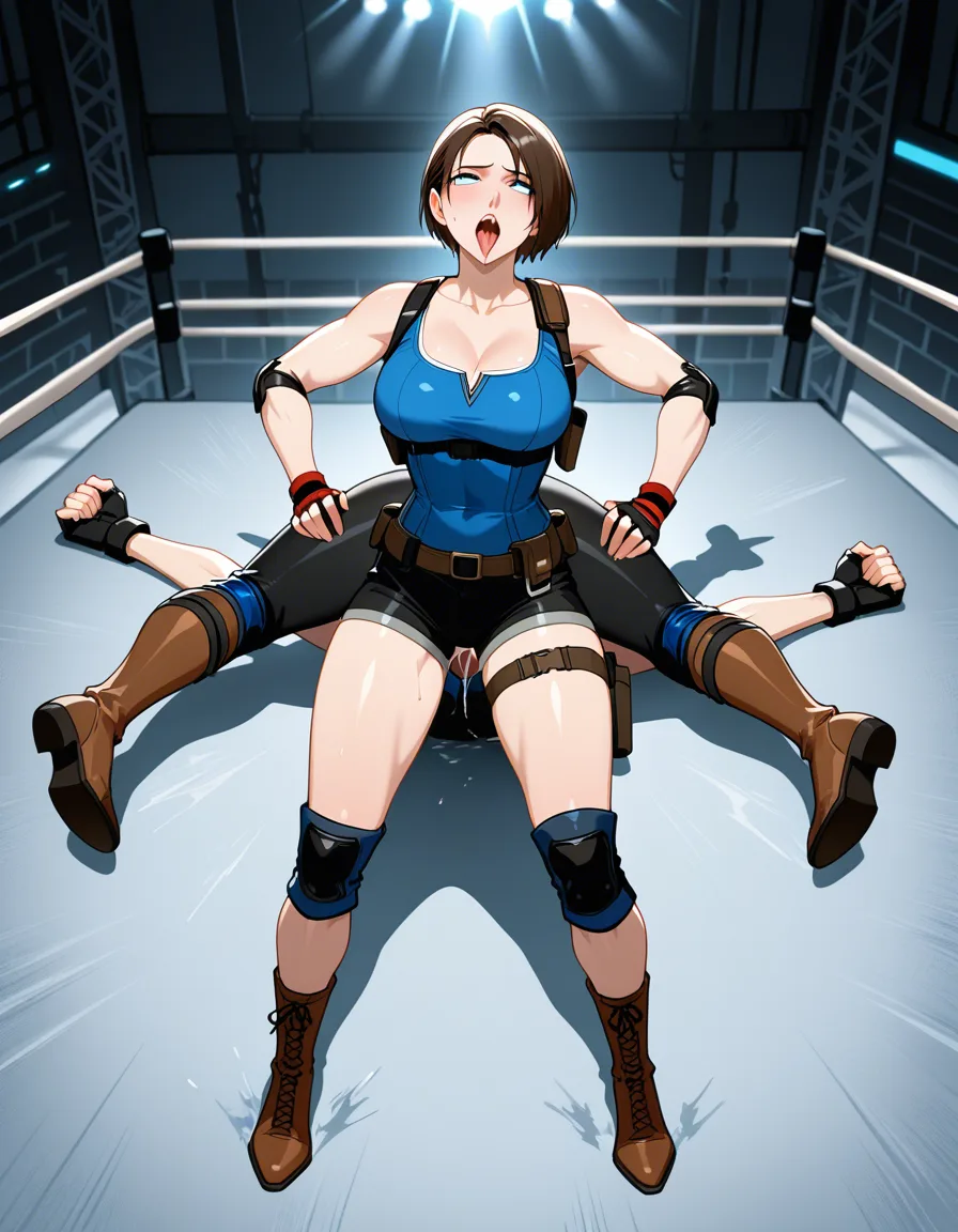2girls , jill_valentine_(resident_evil), amazoness_(dragon's_crwon), wrestling, ahegao, strapon , defeated, hentai_studio_quality