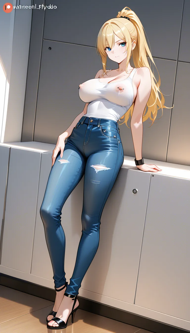 blonde_hair, low waist jeans, white_tank_top, nipple_piercing, female_pubic_hair, high_heels, high_ponytail, open_fly, covered_nipples