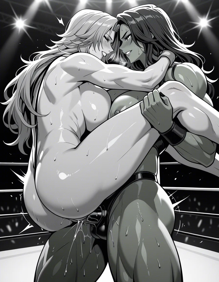 2girls , Best_quality, ultra_detailed,she-hulk, @matsumoto_rangiku , yuri sex ,wrestling_ring wrestling defeated, pussy_juice squirting orgasm , sweat strap-on, standing_sex, hentai_studio_quality, hentai_studio_quality