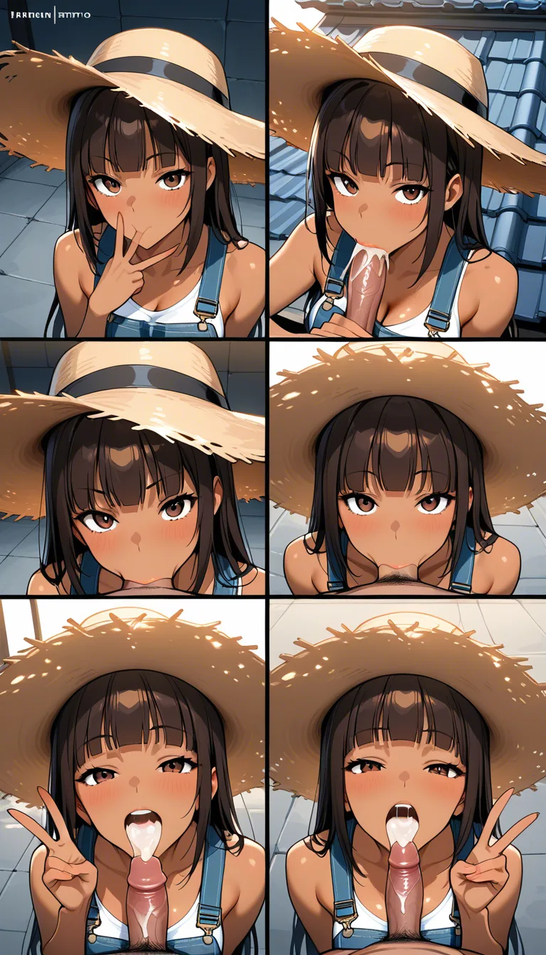 a sexy dark brown skinned anime girl with hazel eyes and black blunt bangs wearing an overall top is all she wears, straw hat and matching hot pants (cum coated in mouth and roof of mouth) (peace gesture) (sucking a cumming pulsing penis in one hand towards her mouth) (cum in mouth hole)