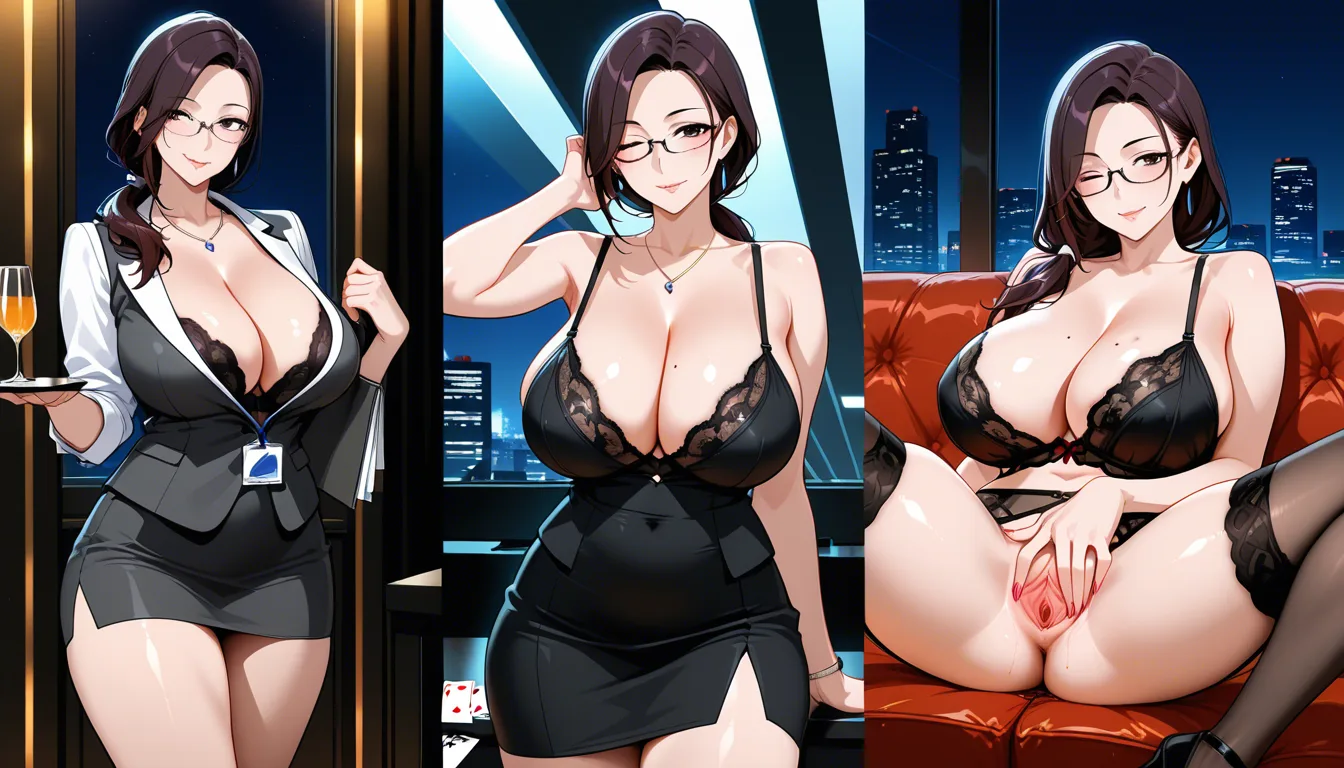 mature_female , asian , glasses , low_ponytail , seductive_smile , large_breasts , drinking_glass , spread_pussy , lingerie , mole_on_breast , playing_card , office_lady , one_eye_closed , hand_in_own_hair