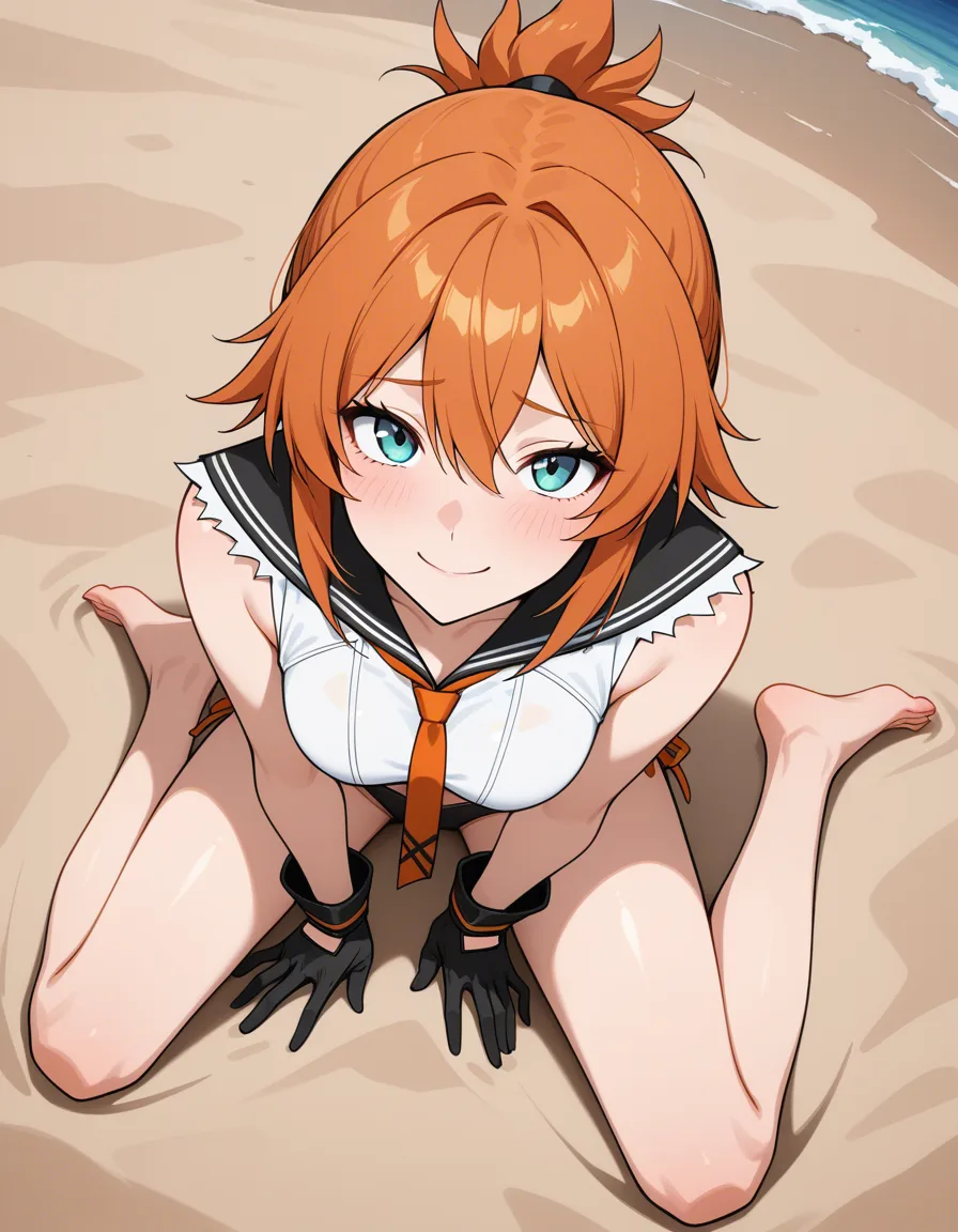 absurdres, highres, solo, barefoot, gloves, blowjob, beach, shy smile, soft cel shading, hentai_studio_quality