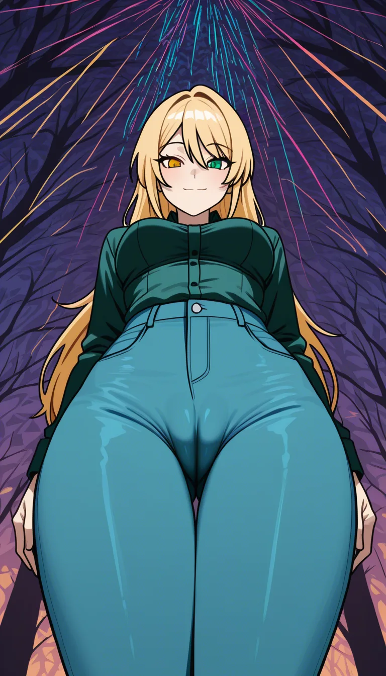3.  no robot, no decent art, single frame, professional art, shirt visible, Masterpiece, natural perky medium breasts, , look at viewer,1 girl, forest background,  Anime Female With Long blonde hair, heterochromia, blue and green eyes, from behind, stand, legs together, blue pants, blue unbuttoned shirt, cameltoe, soft smile ... single continuous shot, full widescreen view, one single image, uninterrupted scene, no borders, no panels, wide angle cinematic photograph, single perspective, edge-to-edge frame ... modern digital drawing style, clean monoline ink linework, flat cel shading with minimal soft gradients, vibrant color palette with high-contrast accent tones, minimalist geometric background elements, crisp vector-like finish, contemporary graphic illustration,,,,, hentai_studio_quality, hentai_studio_quality, hentai_studio_quality, hentai_studio_quality