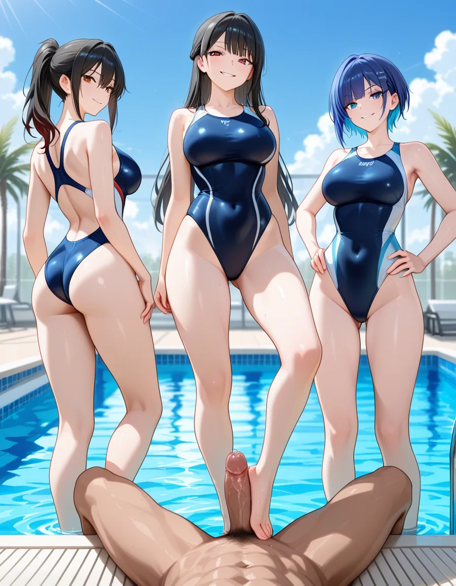 swimming pool, multiple_girls, 1boy, footjob, bully, smile, precum, smug, competition_swimsuit, hentai_studio_quality