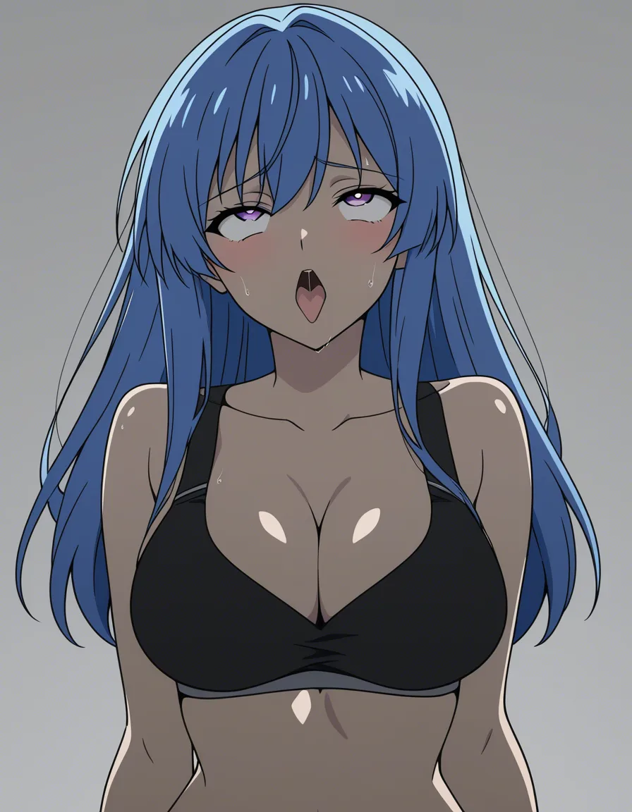 ultra detailed, fitness model, ahegao, cleavage, long hair, grey background, eroge aesthetic, (anime style:1.3), 2d, anime screencap, cel shading, flat color