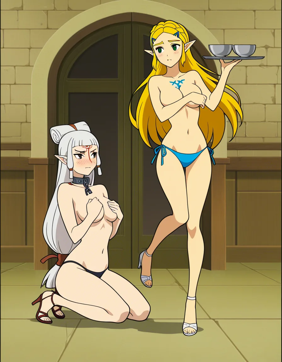 #2girls, @princess_zelda, @impa side-tie_bikini_bottom, topless, high_heels, medium_breasts, embarrassed, chest_tattoo, collar, covering_breasts, holding_tray, serving, servant, kneeling, (anime style:1.3), 2d, anime screencap, cel shading, flat color