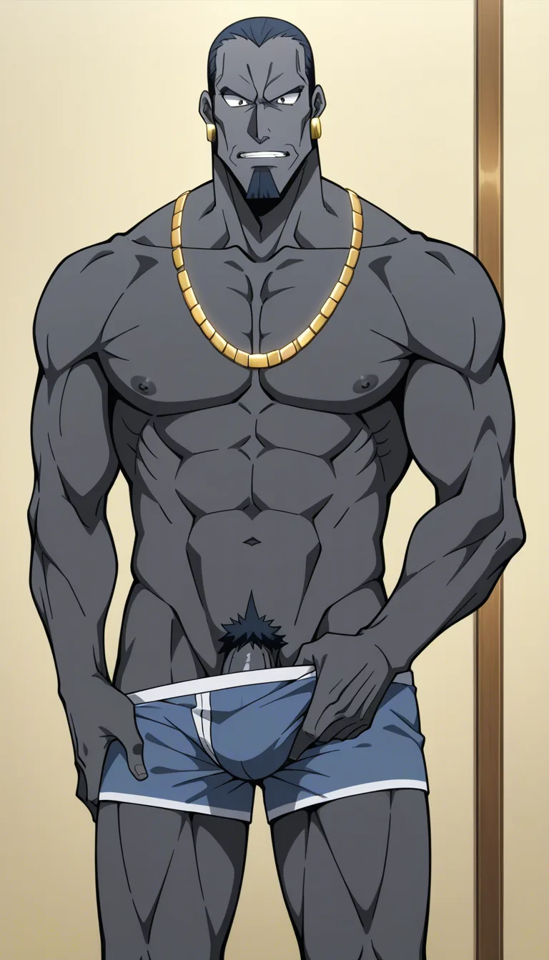Tall man, black skin, dark blue long dreads, gold jewelry, pulling down his boxers to show his penis