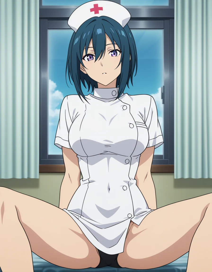 masterpiece, best quality, nurse, looking at viewer, spread legs, toned body, window, hentai style, (anime style:1.3), 2d, anime screencap, cel shading, flat color