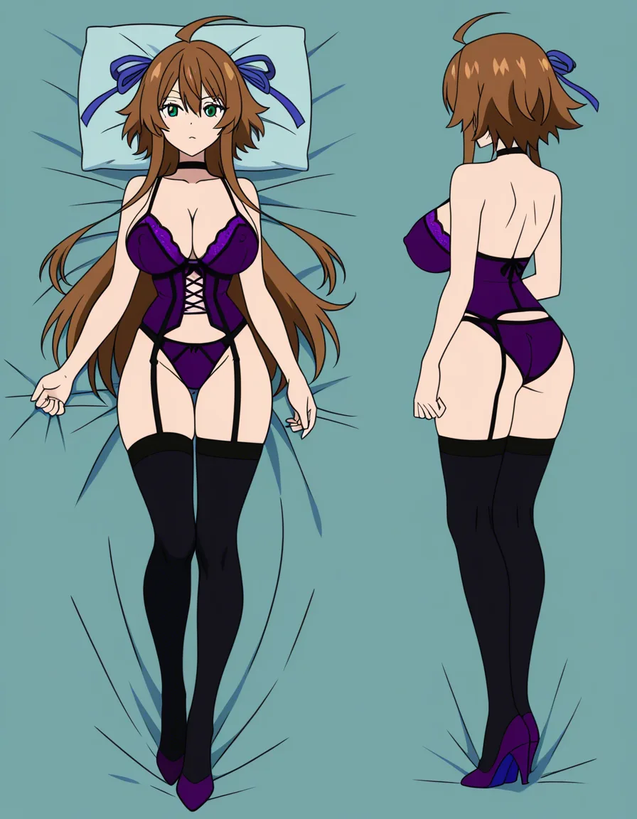 Anime character reference sheet, full body, female, short ash-brown hair with long side locks, large teal ribbon on head, green eyes, black choker. Big perky breast with a mole on the upper left side of the left breast, Wearing a purple lingerie with visible nipple, black thigh-high stockings, and black knee-high boots with purple heels. Punk pop aesthetic, cel-shaded, laying in bed, high quality.", (anime style:1.3), 2d, anime screencap, cel shading, flat color