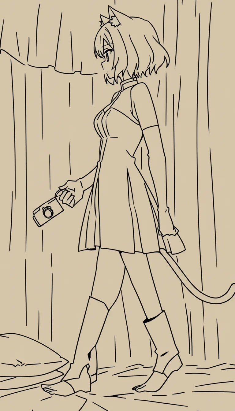 masterpiece, vivid colors, catgirl, barefoot, short hair, elbow gloves, walking toward camera, riding, pillow, side view, warm tones, clean lineart and boots
