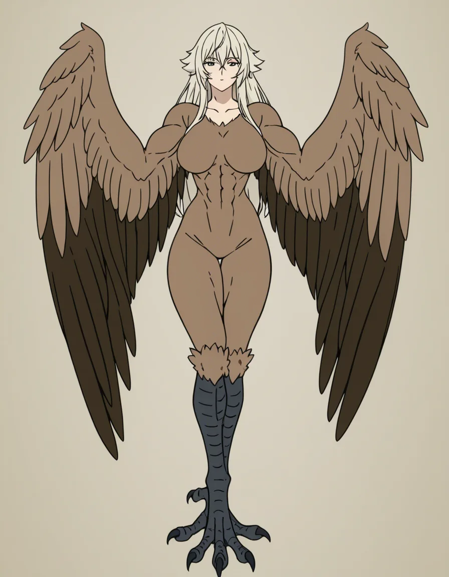 masterpiece, best quality, anime, 1girl, solo, harpy woman, adult woman, small delicate frame, slender body, lightweight build, narrow waist, graceful feminine figure, human upper body, large feathered wings, wings extending from back, powerful wings, bird-like lower body, feathered legs, taloned feet, long flowing feathers, soft detailed plumage, long hair, beautiful face, expressive eyes, confident gentle expression, athletic physique, toned legs, subtle muscle definition, strong wings, physically capable, carrying strength, elegant fantasy creature, full body, dynamic pose, detailed feathers, detailed eyes, detailed hair, (anime style:1.3), 2d, anime screencap, cel shading, flat color