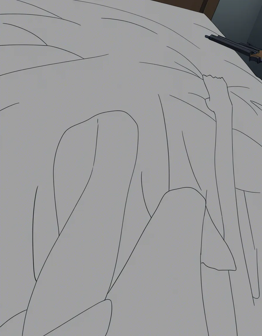 highres, vivid, solo female, feet, weapon, missionary, bed, soft cel shading, (anime style:1.3), 2d, anime screencap, cel shading, flat color