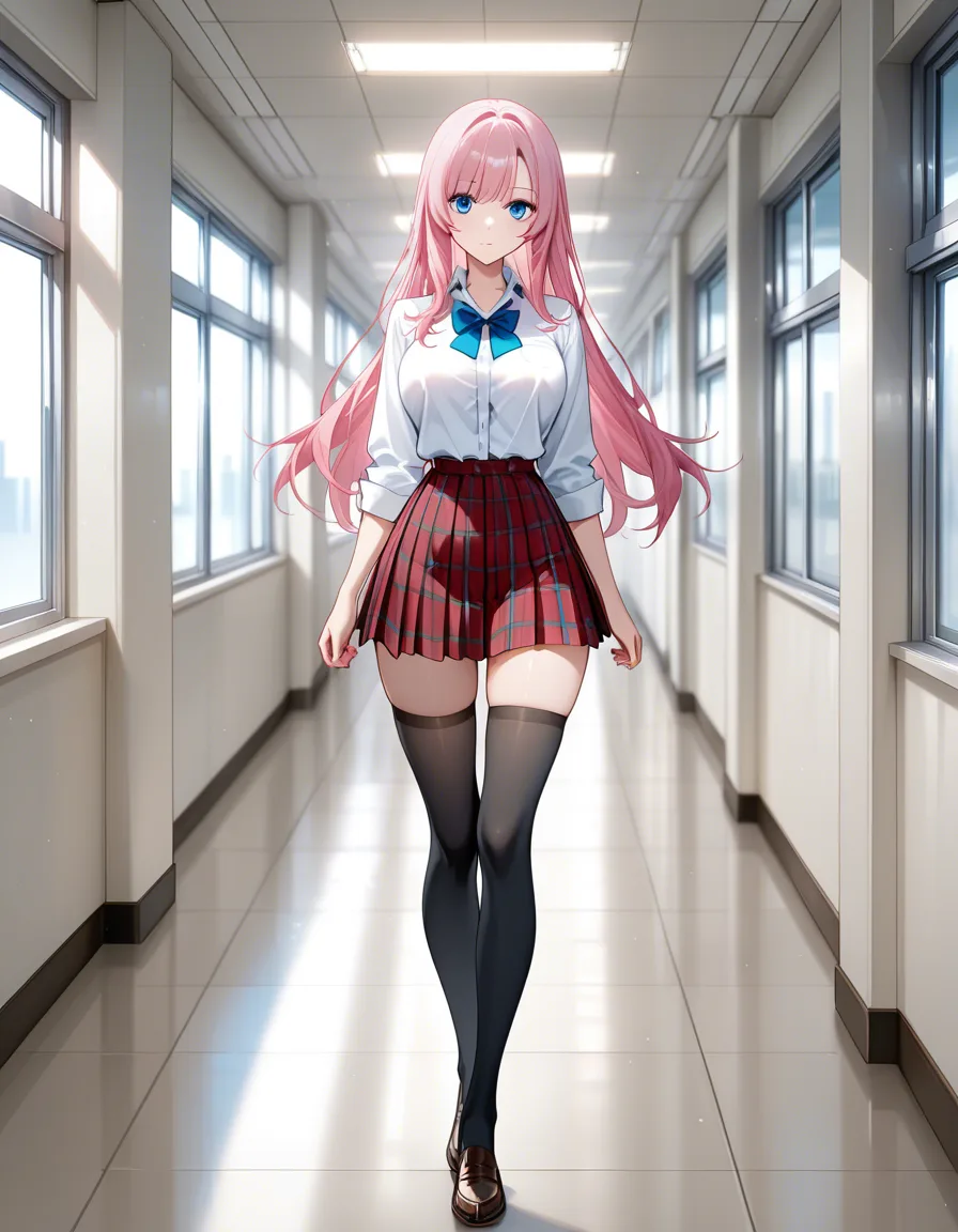 hentai_studio_quality, solo, 1girl, standing, facing viewer, full body, long pink hair, blue eyes, white blouse, red plaid pleated skirt, black thigh-highs, school hallway, soft window light