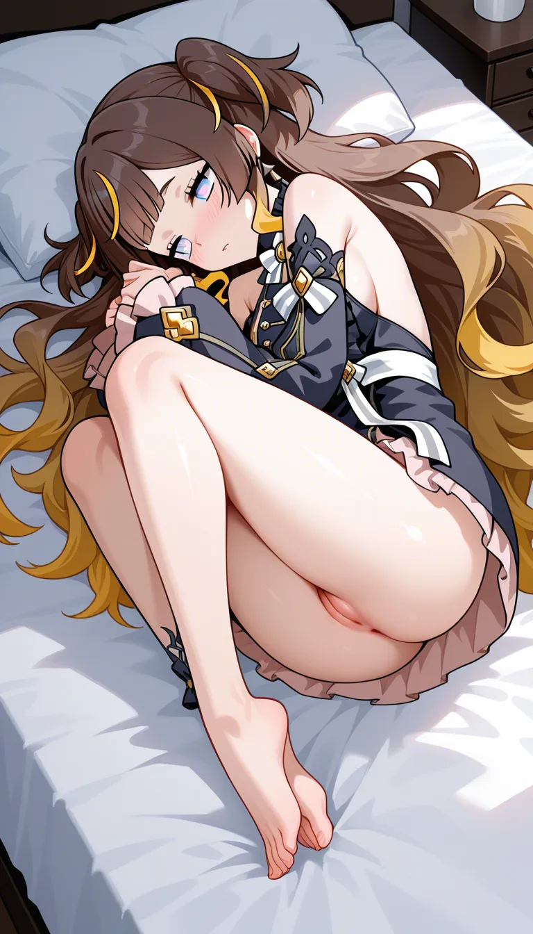 masterpiece, fine_details, 1girl , fetal, anya_melfissa, heart-shaped_pupils,bottomless, pussy, bed, hentai_studio_quality, hentai_studio_quality, hentai_studio_quality