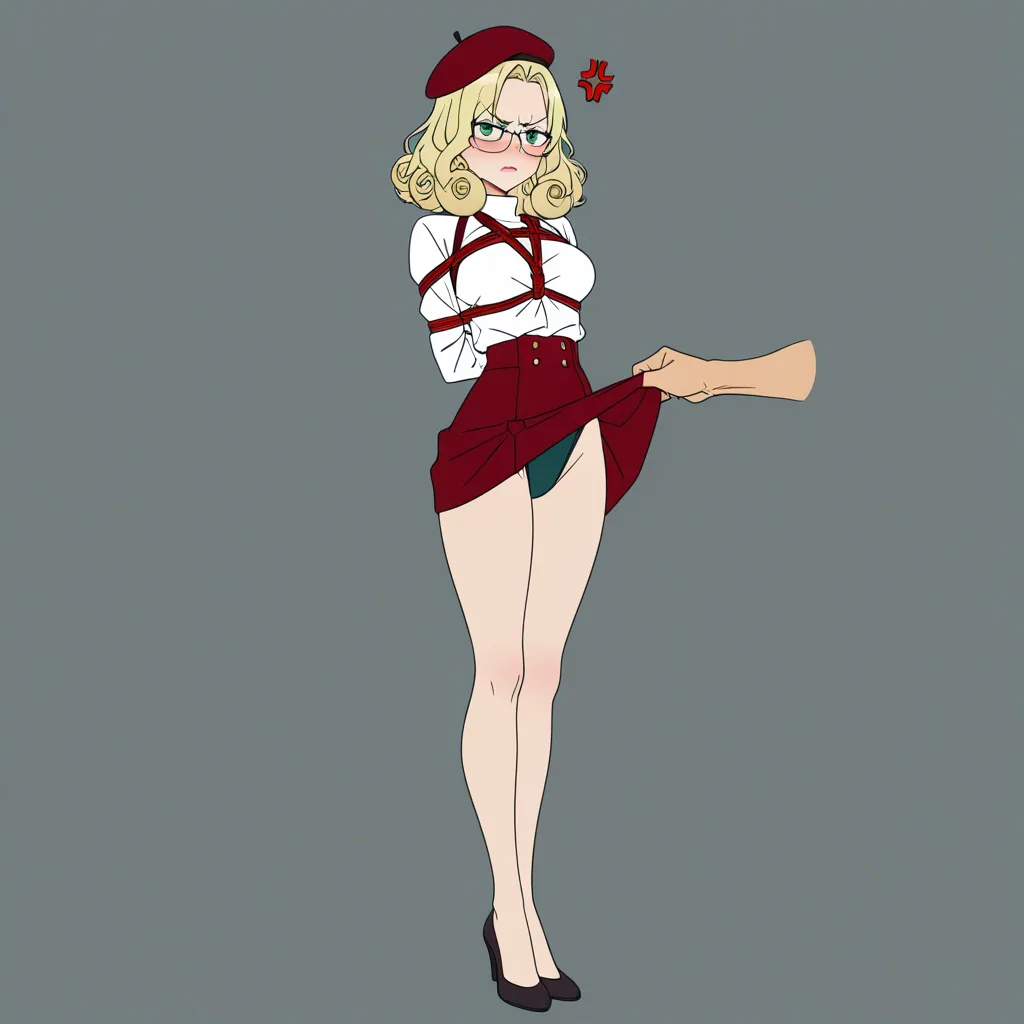 studio quality, sharp focus,  1 girl, lips, shibari, red_skirt, arms_behind_back , green_eyes, curly_hair, blonde_hair, white_shirt, blush, anger_vein, medium_hair, full_body, solo_focus, legs, hentai_studio_quality, skirt_lift, annoyed, glasses , beret,, (anime style:1.3), 2d, anime screencap, cel shading, flat color