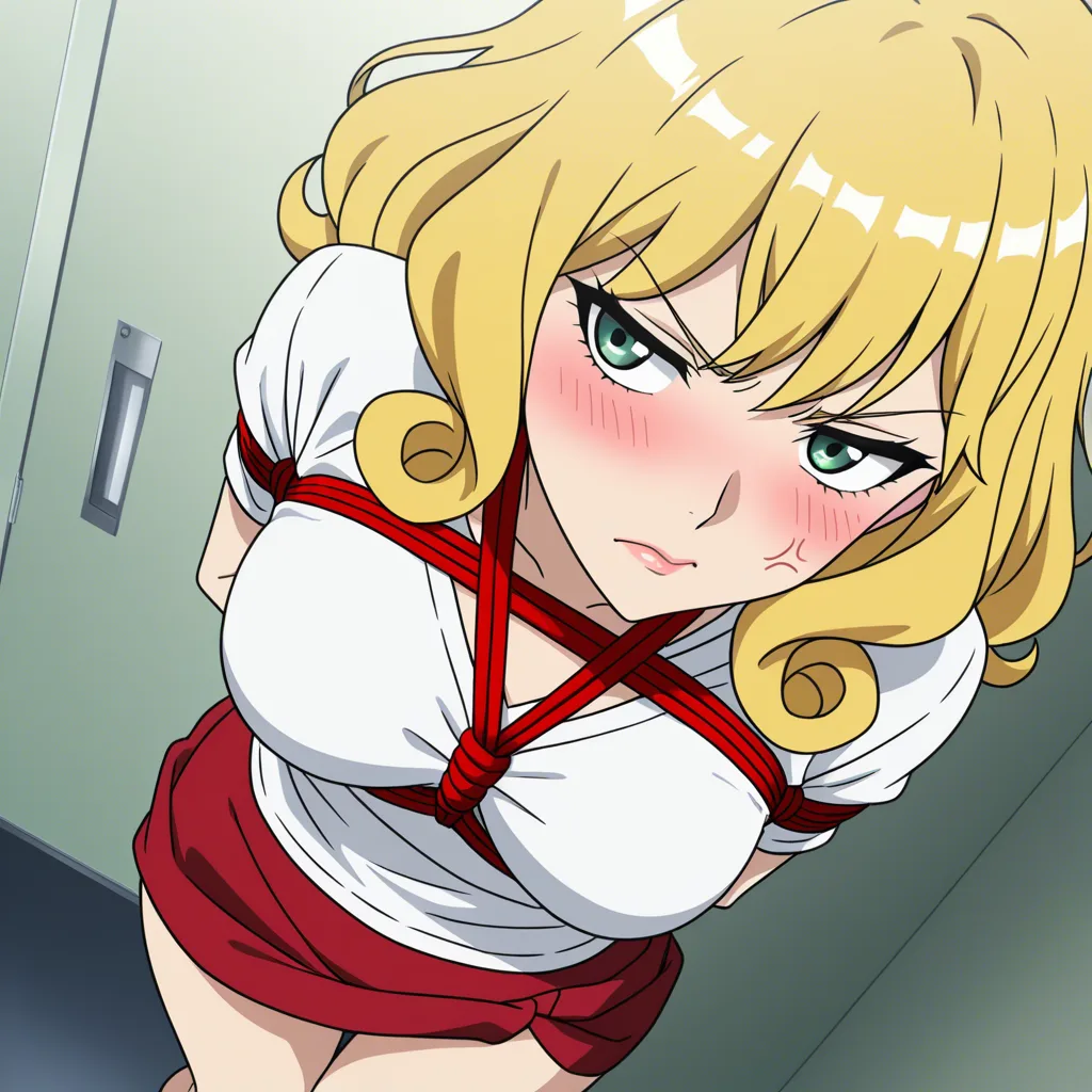 studio quality, sharp focus,  1 girl, lips, shibari, red_skirt, arms_behind_back , green_eyes, curly_hair, blonde_hair, white_shirt, blush, anger_vein, medium_hair, full_body, solo_focus, legs, hentai_studio_quality, skirt_lift, annoyed,, (anime style:1.3), 2d, anime screencap, cel shading, flat color