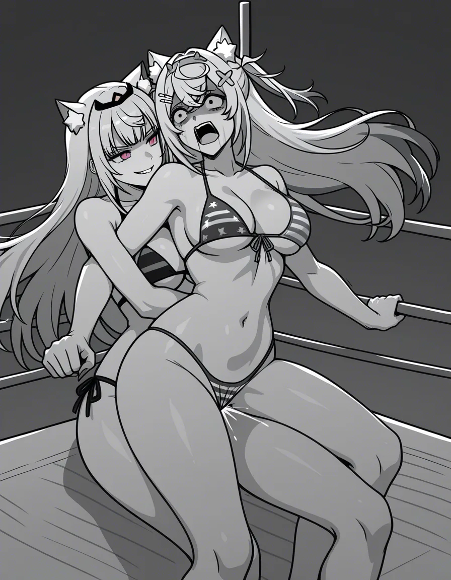 @fuwawa_abyssgard , @mori_calliope , evil_smile, scared, bruised, wrestling, yuri, strapon_vaginal_insertion , defeated, american_flag_bikini,, hentai_studio_quality, hentai_studio_quality