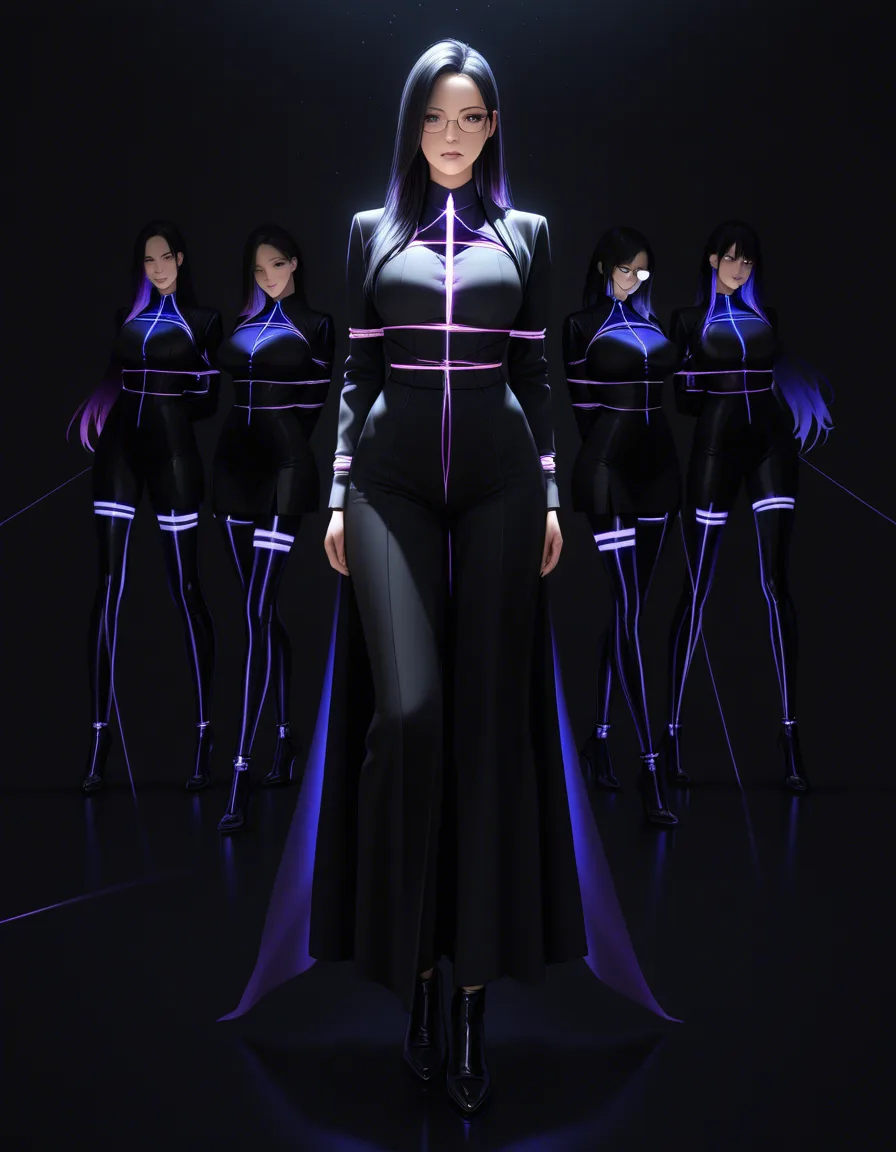 best quality, hyperrealistic, 5girls, glasses, alternate costume, bondage, black background, medium shot, ambient glow, photorealistic, hentai_studio_quality