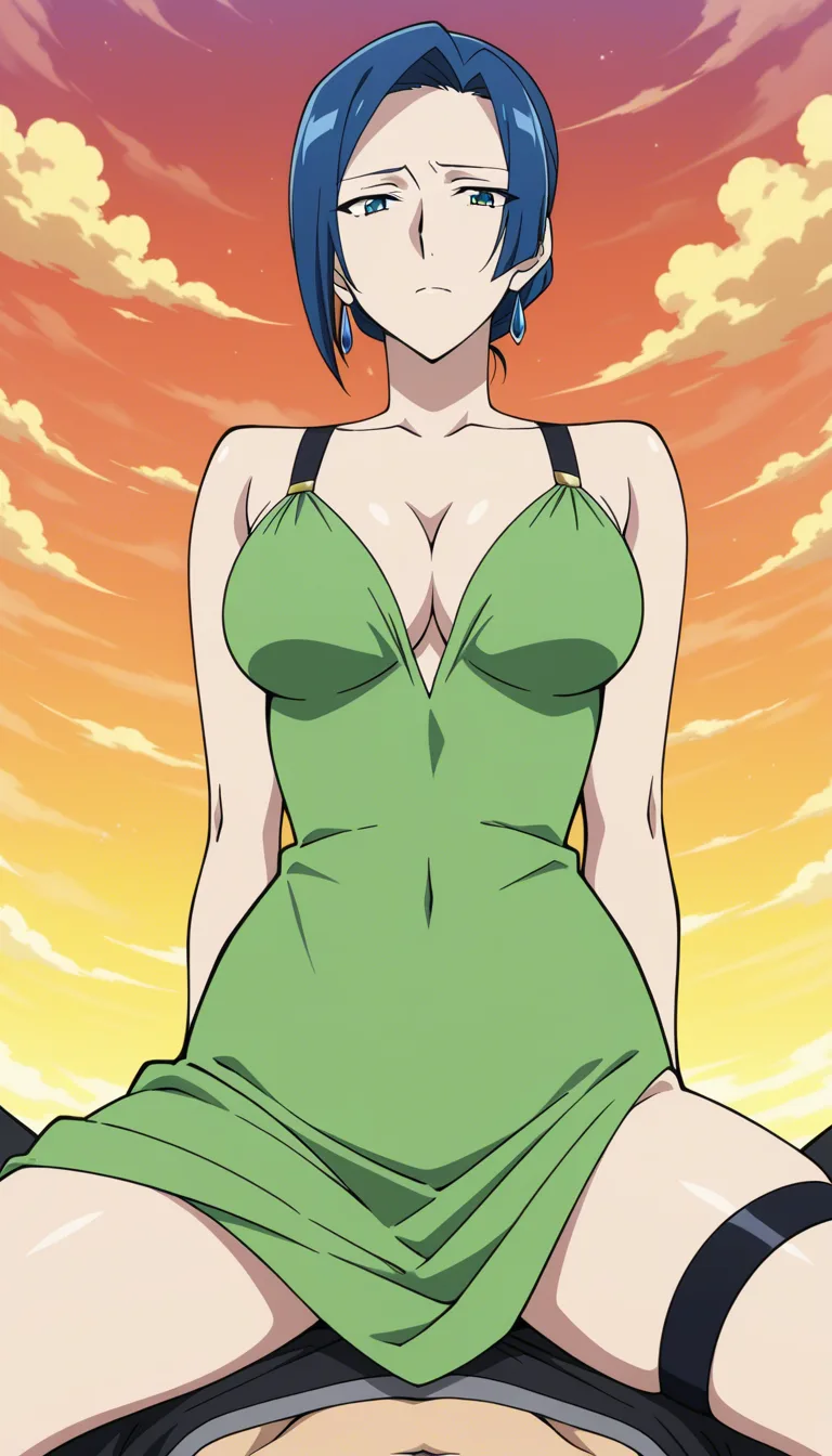 ultra detailed, sharp focus, milf, straddling, thigh strap, evening gown, sky, anime style