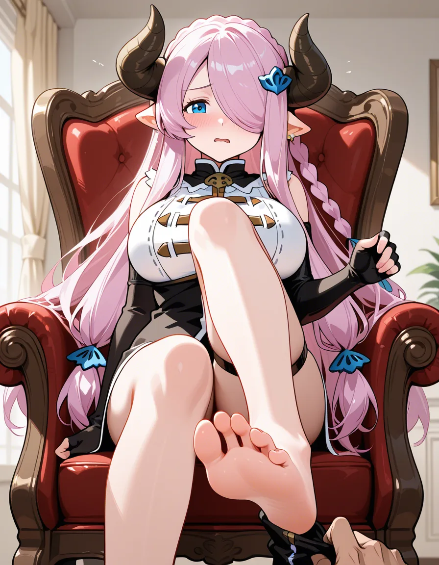 Narmaya, fully clothed, sitting on chair, removing sock, feet, barefoot, disgusted look, looking_at_viewer, bottom pov, hentai_studio_quality, five toes, hentai_studio_quality