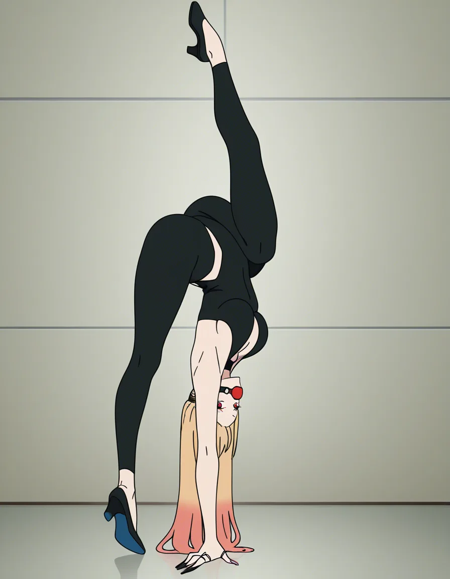 Marin kitagawa, flexible, contortion, expressionless, ball gag, extreme, (anime style:1.3), 2d, anime screencap, cel shading, flat color