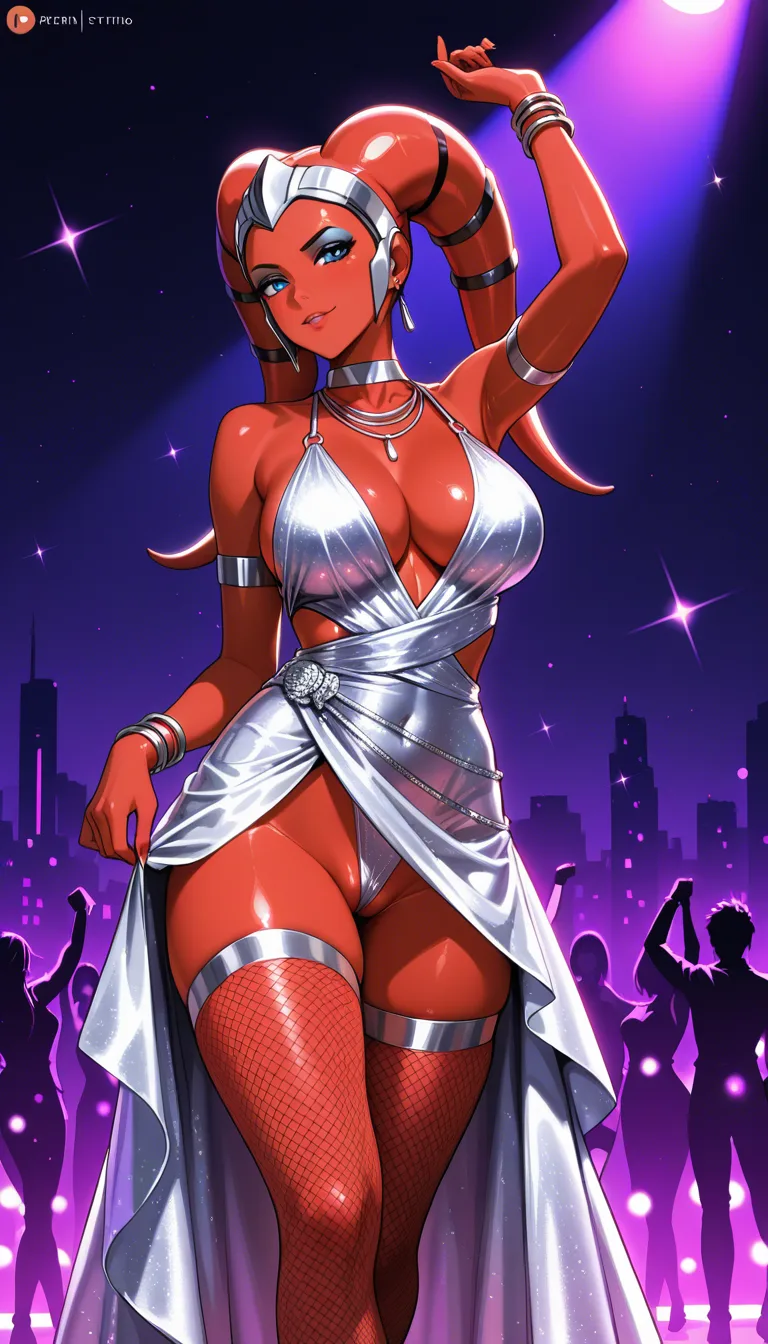red skinned twi'lek, dancing, bottomless, white_dress, fishnet_thighhighs, nightlife, partially_visible_vulva