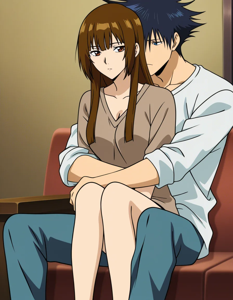 half naked Megumi Fushiguro sitting while a woman with medium long brown straight hair parted in the middle sits on his lap, wrapping her arms and legs around him., (anime style:1.3), 2d, anime screencap, cel shading, flat color, @00osamio00