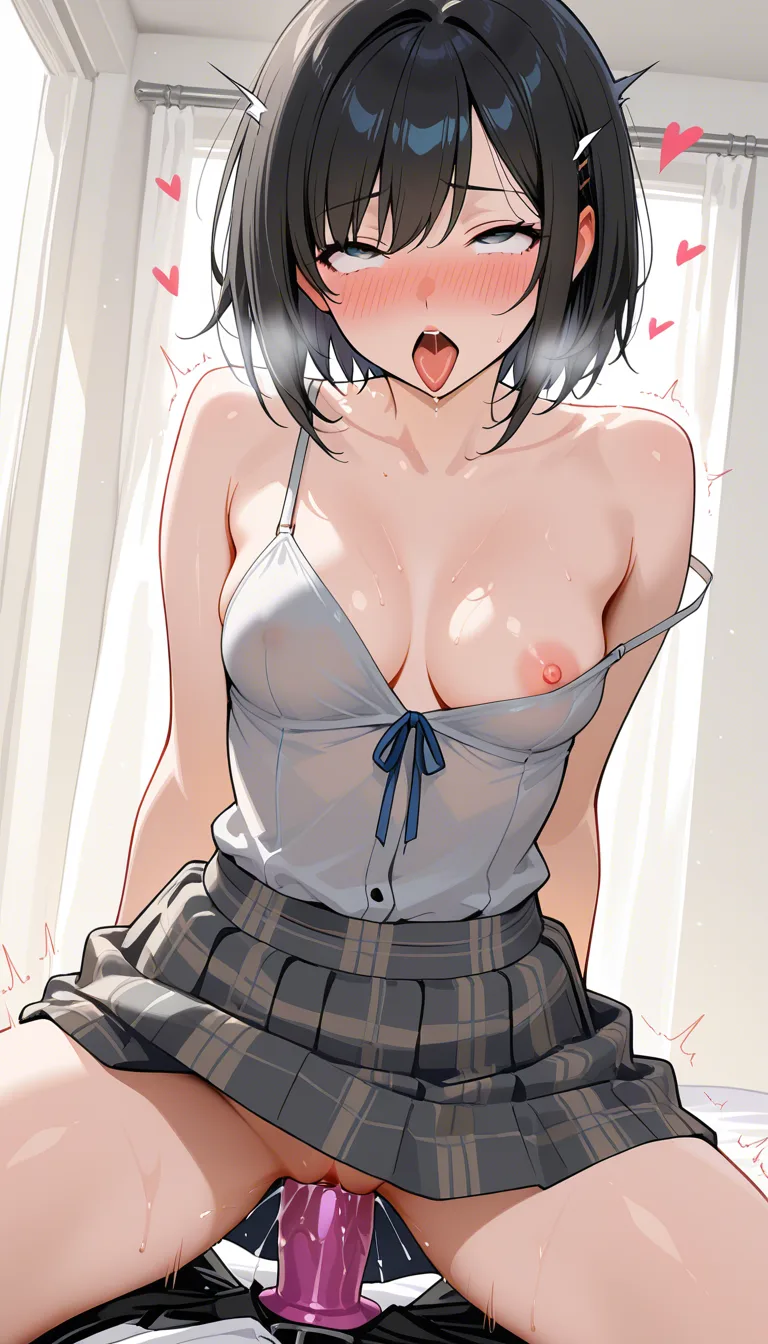 highres, solo, short_hair, black_hair, skirt_lift, nipple_slip, no_panties, dildo_riding, ahegao, rolling_eyes, tongue_out, small_breasts, full-face_blush, orgasm