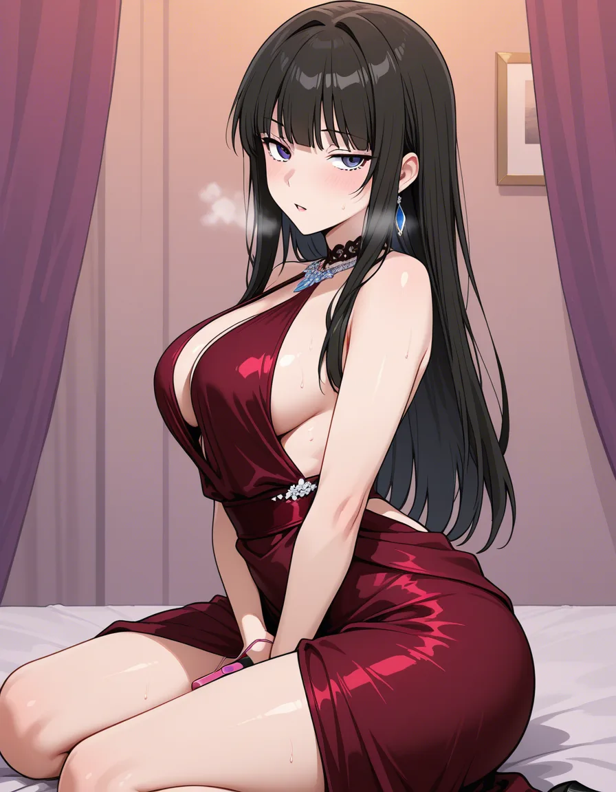 ultra detailed, solo, vibrator, evening gown, masturbting, dominant stare, hentai style, hentai_studio_quality