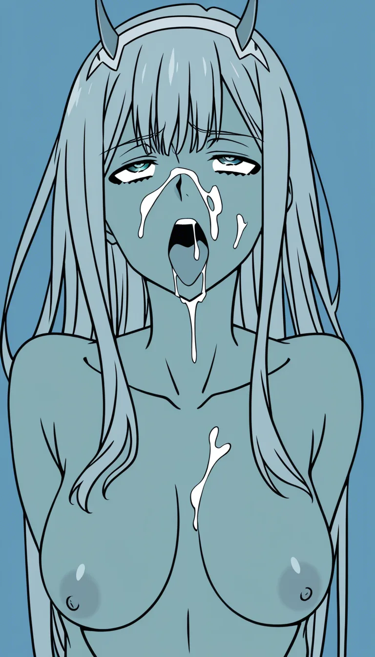@zero_two_(darling_in_the_franxx) #1girl #ahegao breasts_out facial cum_overflow /highres