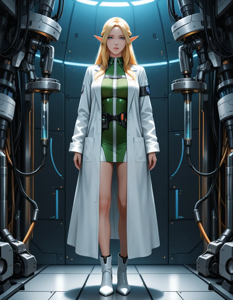 natural lighting, princess, white footwear, long sleeves, ultra realistic, elf, confident gaze, hyperrealistic, @makise_kurisu, science_fiction, lab_coat, time_machine, hentai_studio_quality