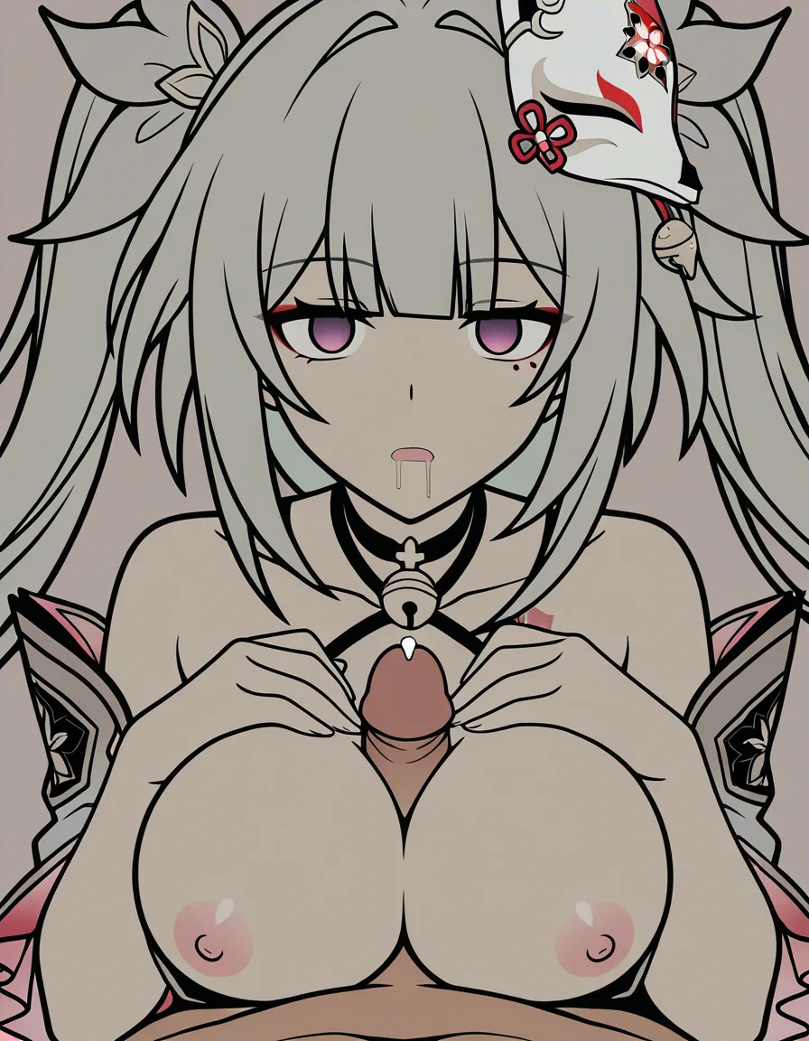 /masterpiece /best_quality /highly_detailed #empty_eyes #looking_at_viewer #open_mouth #drooling #paizuri #breasts_out #expressionless #cum_on_breasts #cum_in_mouth #nipples #penis completely hypnotized, deep hypnosis, vacant stare, blank eyes, mind broken, empty mind, trance, heavy drooling, sharp focus, clean lines, stable composition, #hand_on_own_chest , #breasts_squeezed_together , @sparkle_(honkai:_star_rail), vacant eyes, (anime style:1.3), 2d, anime screencap, cel shading, flat color