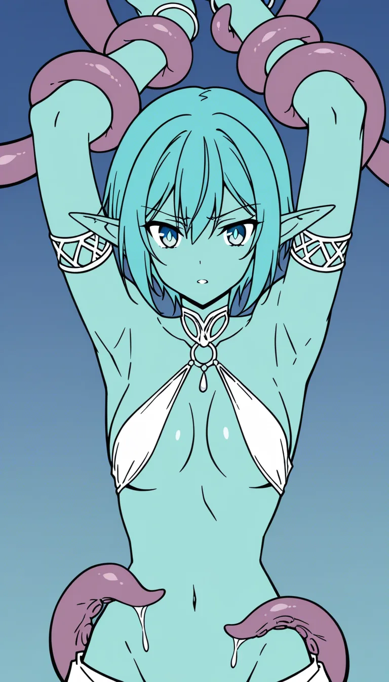 8k, sharp focus, detailed skin, POV, elf girl, orgasm, arms up, gradient background, dslr quality, tentacles