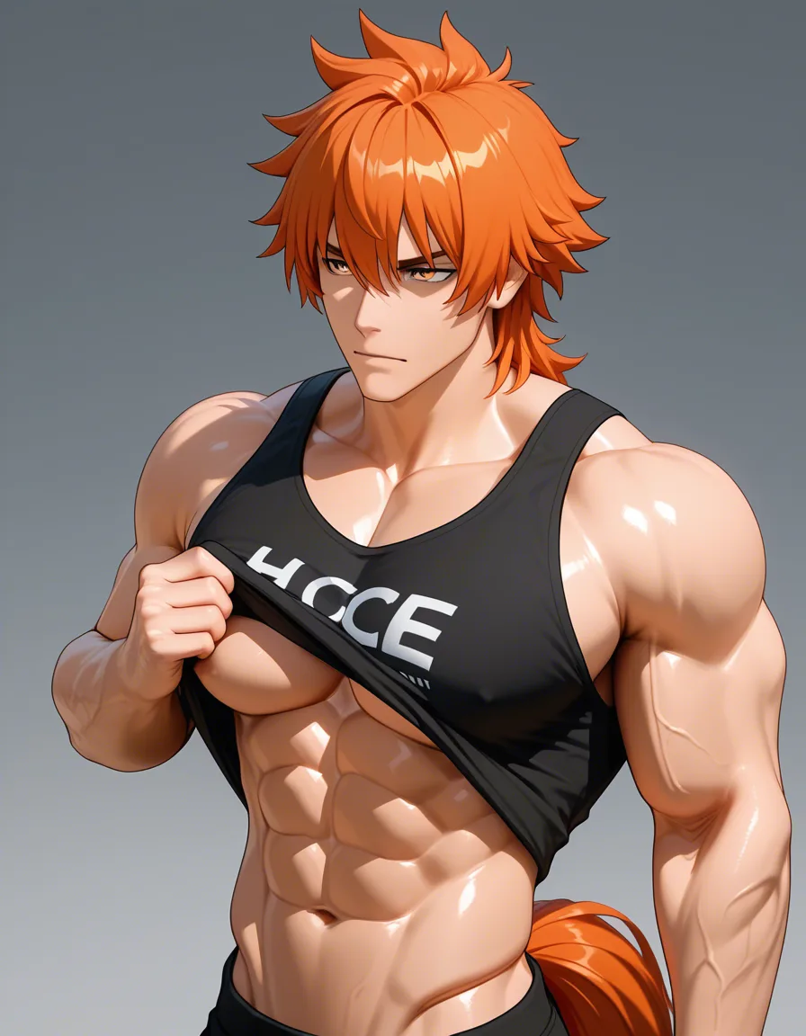 Hot orange hair anime girl in pony tail fucking hot gruffy muscular guy with brown hair guy with wavy surfer hair. Her shirt lifted to reveal boobs. He's wearing a black tank top, score_9, score_8, 3d render, octane render, subsurface scattering, ray tracing, smooth shading