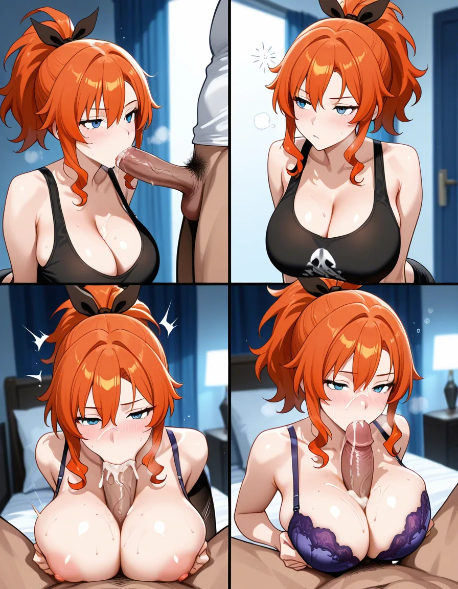 1girl with orange ponytail hair tied in red hair_ribbon wearing lavender bra, 1guy with brown wavy surfer hair with facial hair wearing black tank top, lustful expressions
sex, cum_overflow, french_kiss, breasts_out, cum_on_breasts, blow job, breast_sucking, penis, fellatio, drunk
Masterpiece, hentai_studio_quality