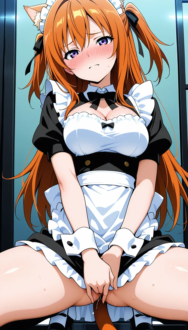 absurdres, highres, maid, tail, masturbation, submissive blush, anime style