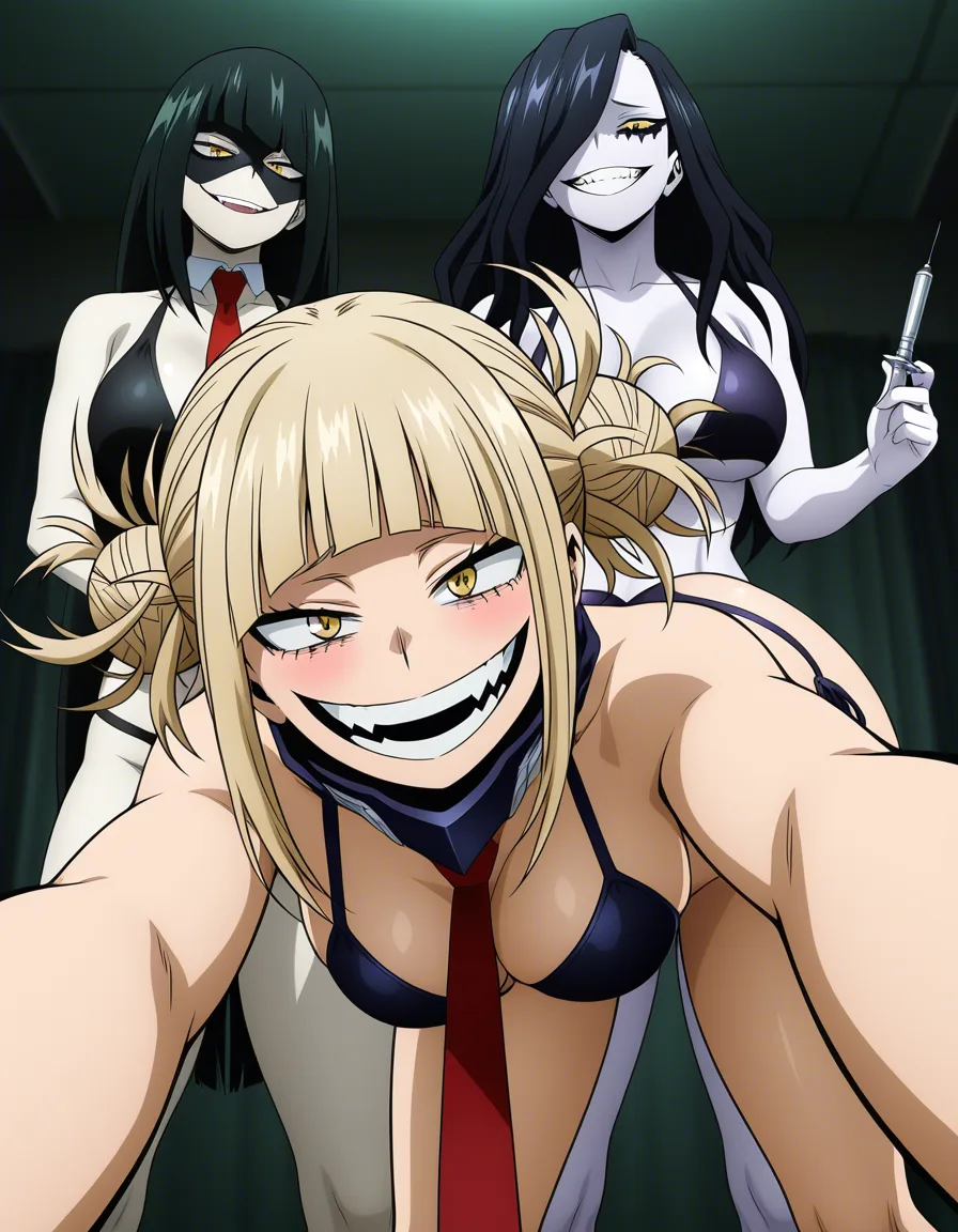 highly detailed, sharp, 3girls, ass_visible_through_thighs Himiko Toga from My Hero Academia,girl villain, pale skin, big round yellow eyes, doggystyle , bikini  ass,messy light blonde hair with two high messy buns with black hair ties, bangs, side-swept bangs,  red necktie, her villain gear with black face mask with needles and tubes, carrying syringes, creepy cute smile, playful and yandere expression, anime style, highly detailed, sharp focus, official anime artwork style by Studio Bones, hentai_studio_quality