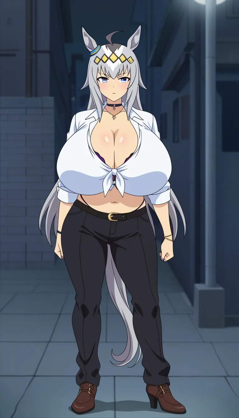 @oguri_cap_(umamusume). Gyaru. Gyaru tight-fitting clothes. gigantic breasts. chubby Sexy. Prostitution. Gyaru style makeup., (anime style:1.3), 2d, anime screencap, cel shading, flat color