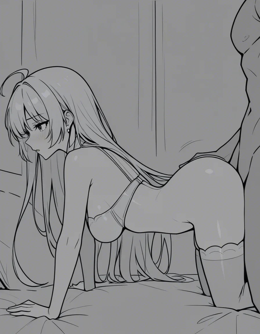 ultra detailed shading, princess, doggy style, thighhighs, ahoge, bed, soft cel shading, hentai_studio_quality