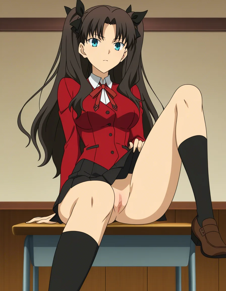 Anime, Tohsaka rin posing seductively sitting on the school desk. Wearing her unique outift. She is lifting her skirt to tease her bare pussy. High quality., (anime style:1.3), 2d, anime screencap, cel shading, flat color