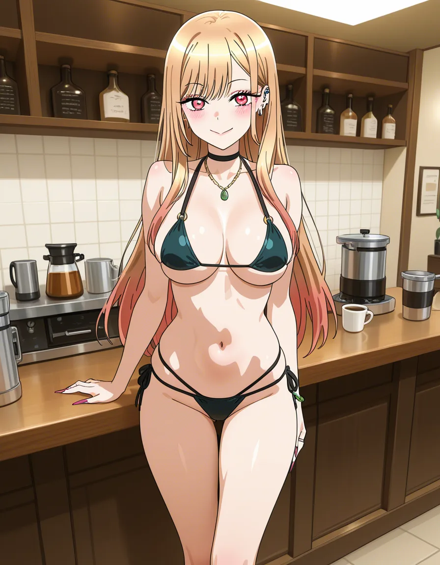 /masterpiece /ultra_detailed /highres @kitagawa_marin #micro_bikini #cafe #barista #working #public_indecency, hentai_studio_quality