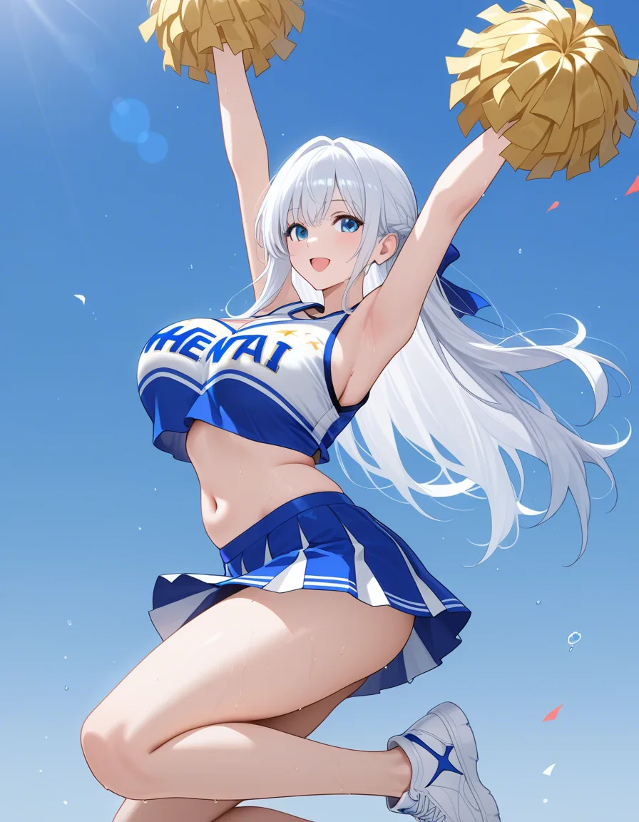 masterpiece, clean art, cheerleader , long hair, white hair, belly, short skirt, skirt , jumping , upskirt , from_side , big breasts large_breasts ,, hentai_studio_quality