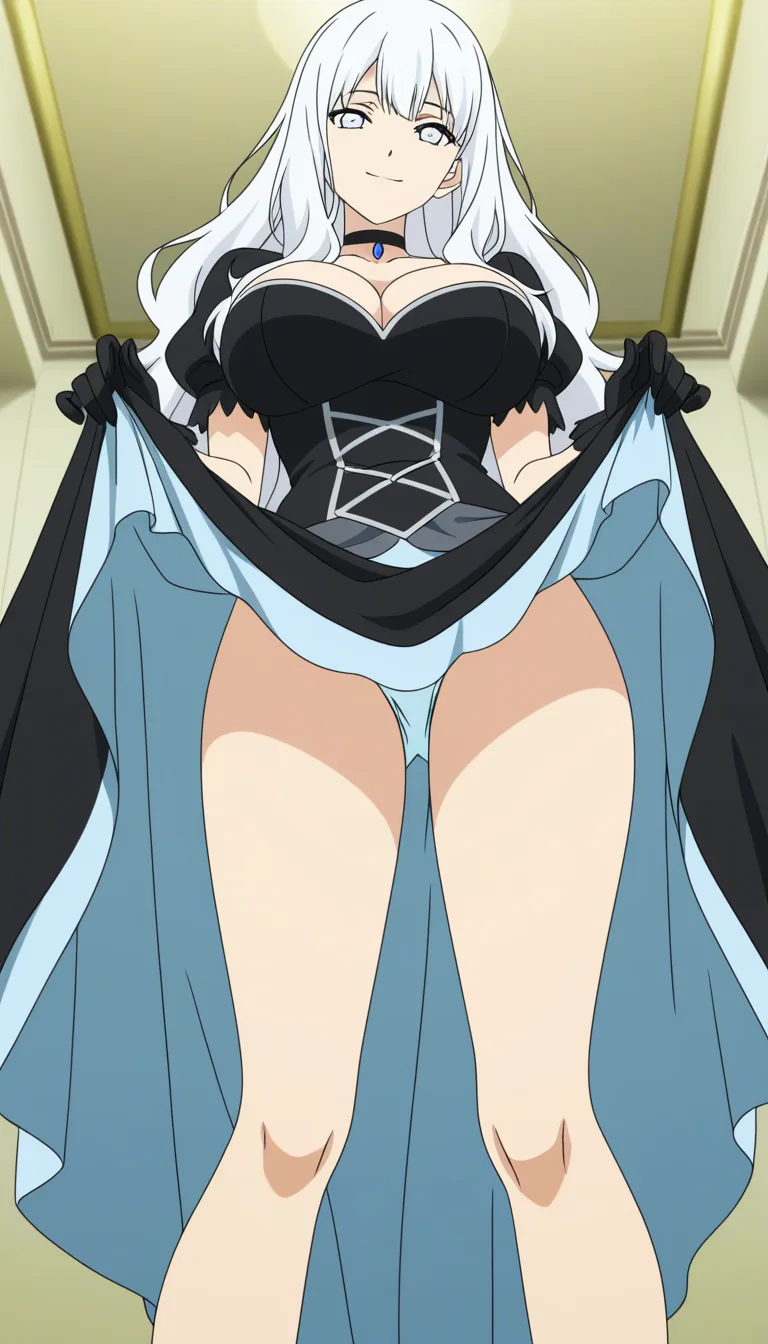 masterpiece, clean art, princess, dress, dress skirt, dress_lift ,long hair, white hair, from_below , big breasts , choker , black_gloves, , cute dress, black_choker , white eyes, ghot girl, black dress, light_smile, pretty body, loose hair, from_below , artistic, upskirt, hentai_studio_quality, gloves,, (anime style:1.3), 2d, anime screencap, cel shading, flat color, @00osamio00