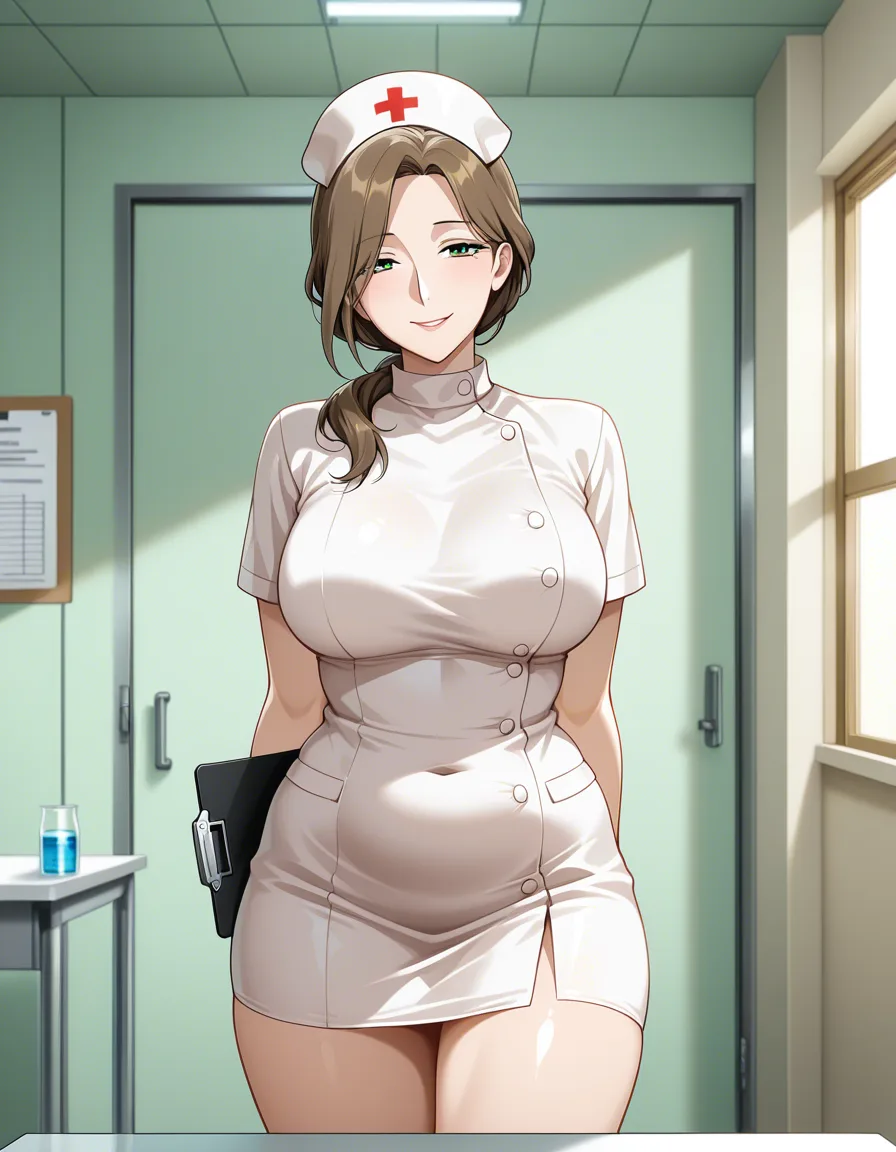 , mature female, here is a short description on nurse Sofie's character: nurse Sofie is a sweet voiced but firm character, her small clinic is neat and cozy but has a really old design with light green colored walls, her physical appearance is mature, just a bit chubby with chest long brown hair she looks and acts like a cozy small town nurse that has known all her patients since they where in high school, soft focus. warm daylight illuminates the scene, she has a warm welcoming smile but she is hiding her clipboard behind her back as she directs the viewer towards a neatly prepared but ominous looking operating table that has  restraining straps on it, hentai_studio_quality